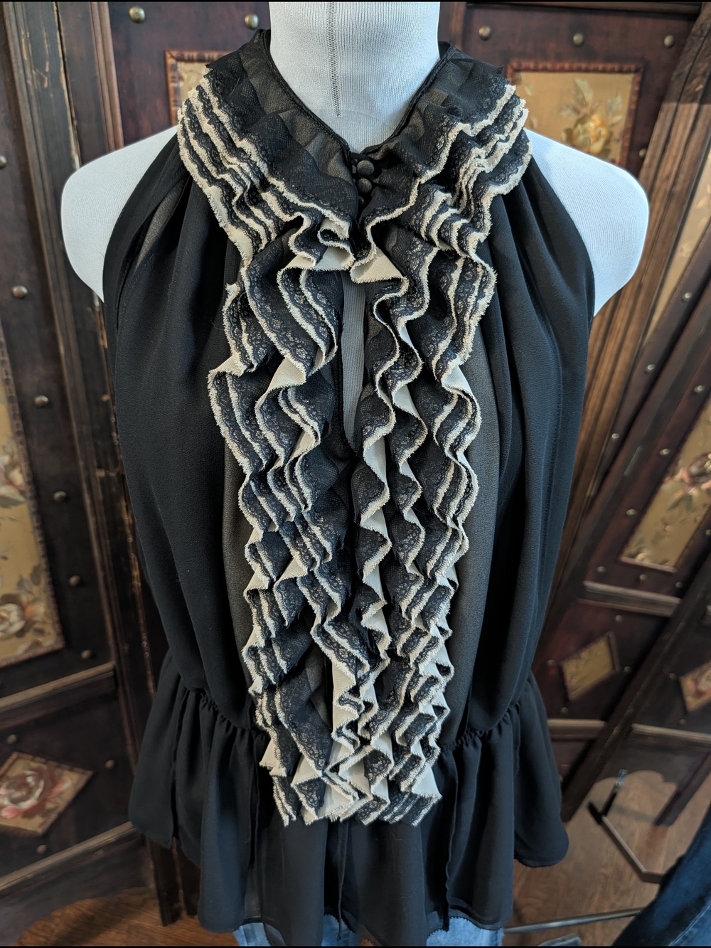 Robert Rodriguez NWT Black Tan Halter Sleeveless Top Ruffle Keyhole Bib Medium M